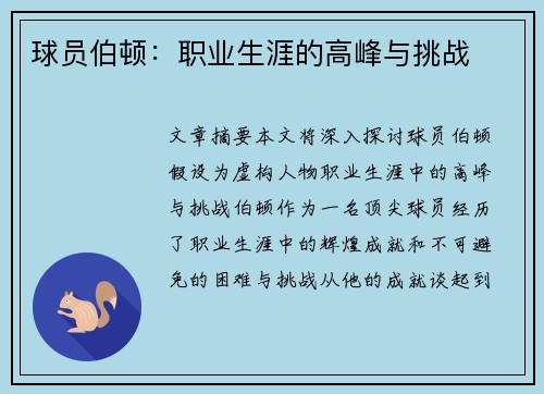 球员伯顿：职业生涯的高峰与挑战